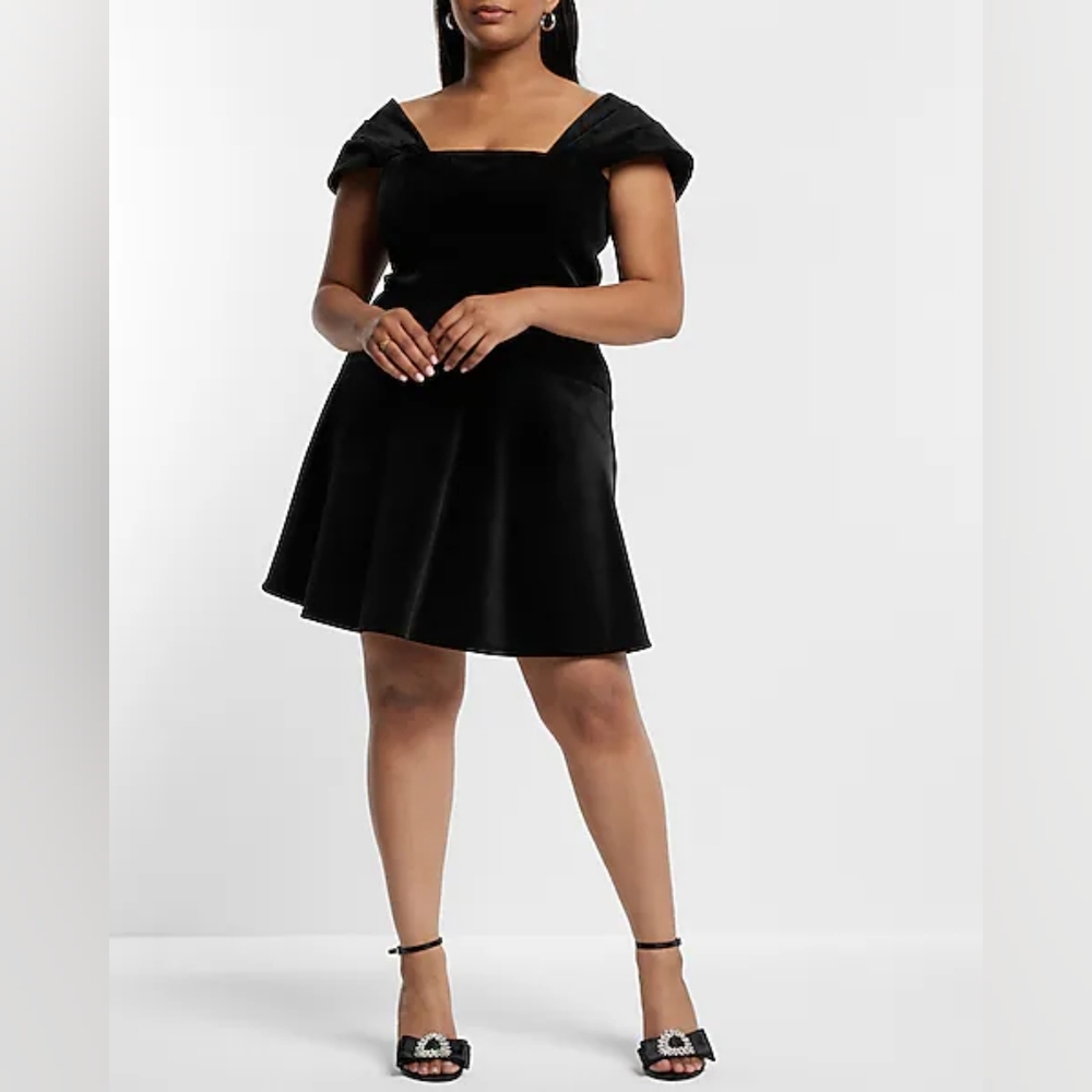 Velvet Off The Shoulder Mini Fit And Flare Dress